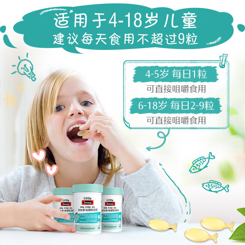 Swisse小小斯维诗 儿童DHA鱼油凝胶糖果40粒*2瓶 0糖橙香味 深海鱼油补充DHA EPA高清大图