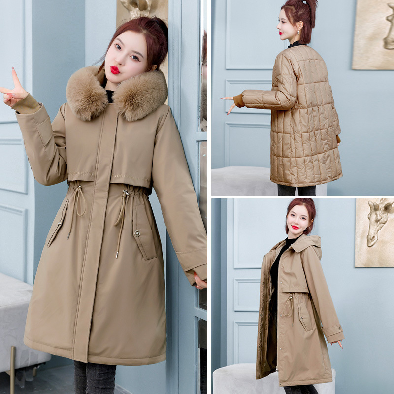 活里活面长款派克服女2023冬季新款加厚可拆卸内胆修身羽绒棉服潮 卡其 XXL