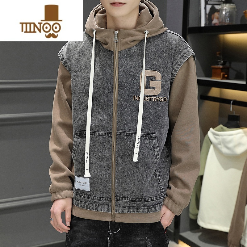 YANXU2023年新款薄款外套男连帽假卫衣牛仔夹克帅气男装褂子潮高清大图