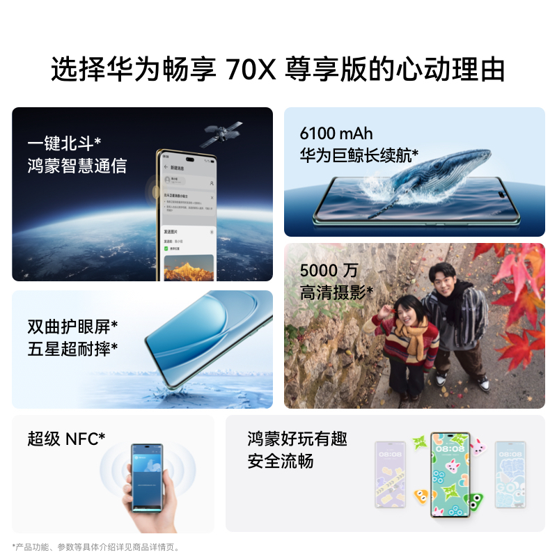 [全新]华为畅享70X 尊享版 256GB 星海蓝 麒麟8000芯 卫星消息 5000W高清影像 6100毫安大电池 1.5K 120HZ 双曲护眼屏 40W快充 五星超耐摔 手机高清大图