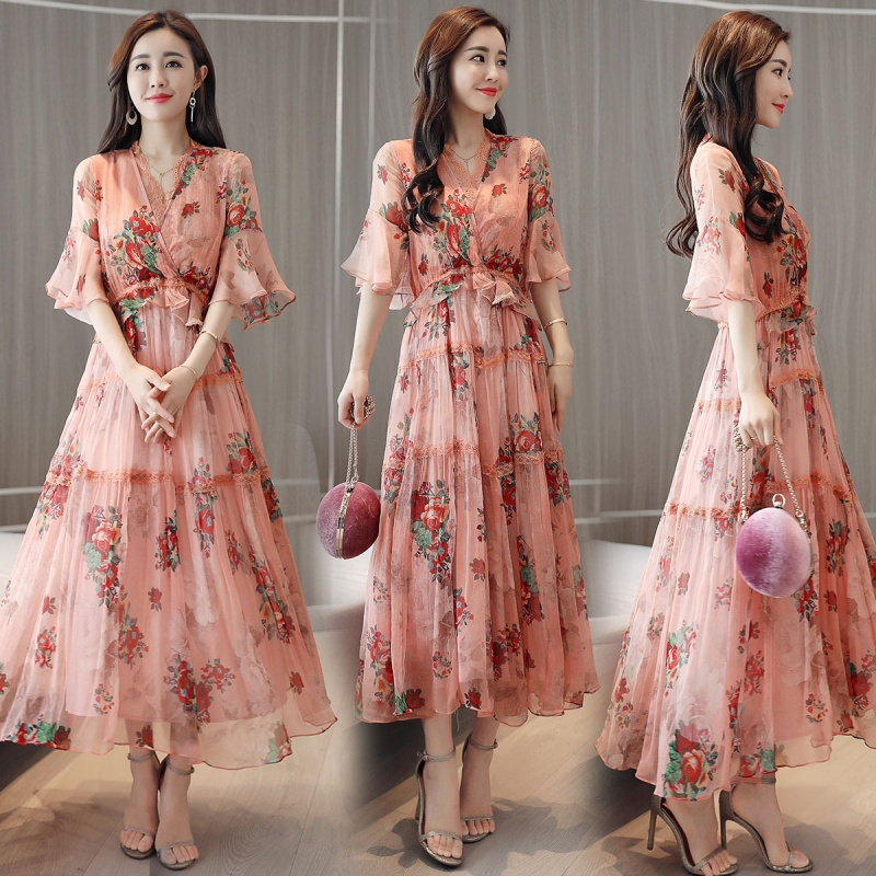 藕粉色碎花雪纺连衣裙女长裙女士夏款新品裙子收腰显瘦仙女温柔裙