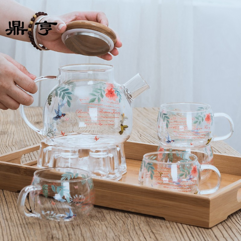 鼎亨耐热玻璃花茶茶具加厚花茶壶花茶杯套装家用蜡烛电陶炉加热煮