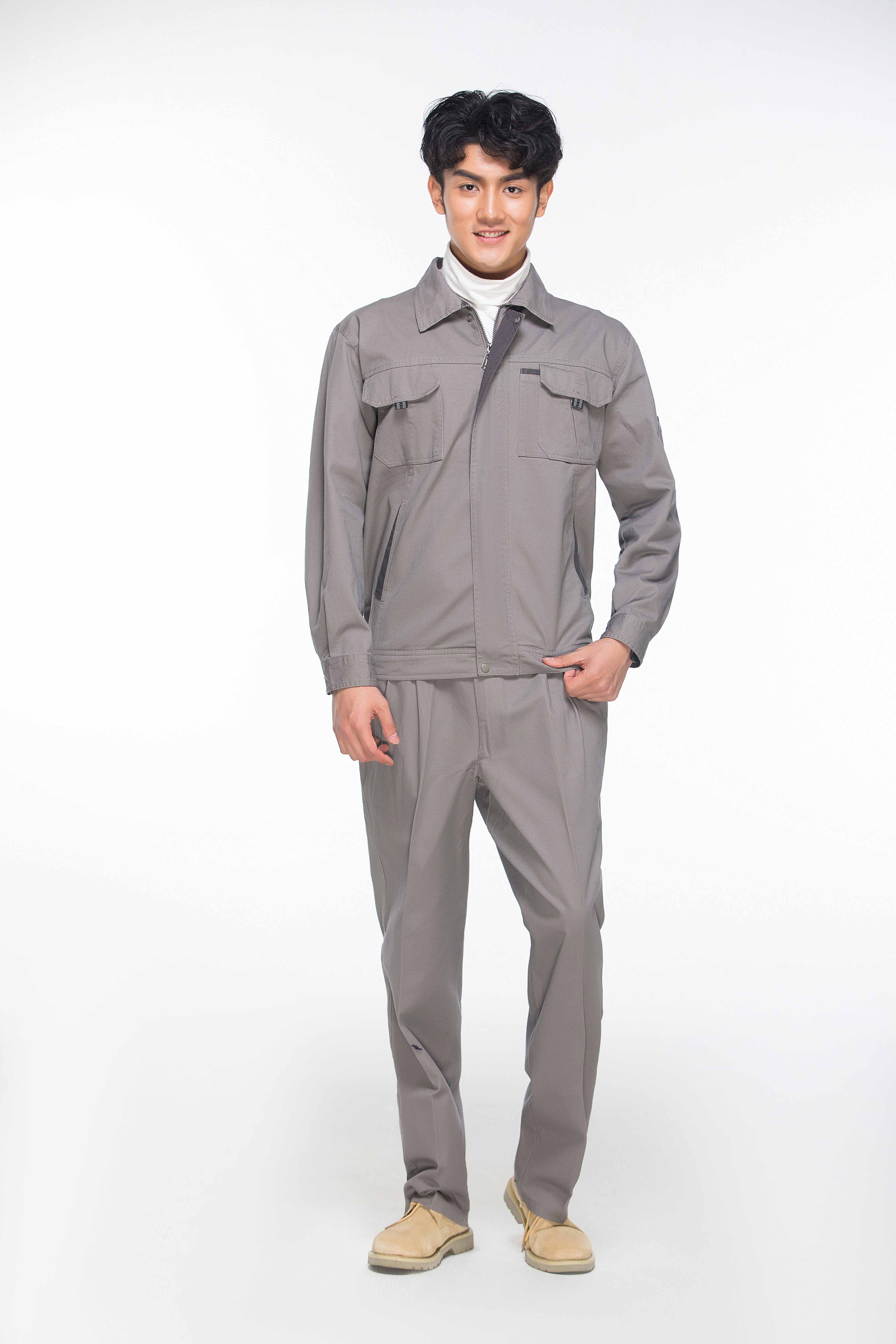 [天龙堂威]新款纯棉建筑工作业服 春秋装中灰单层翻领拉链施工服