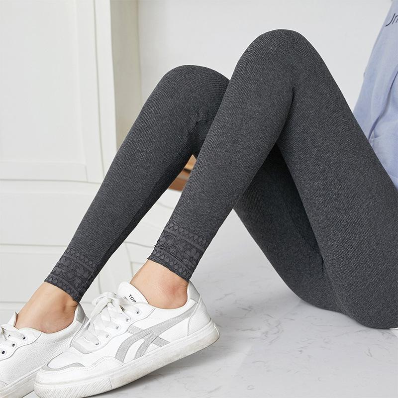权小威春秋新款打底裤女士外穿灰色螺纹大码紧身裤高腰秋裤九分小脚裤