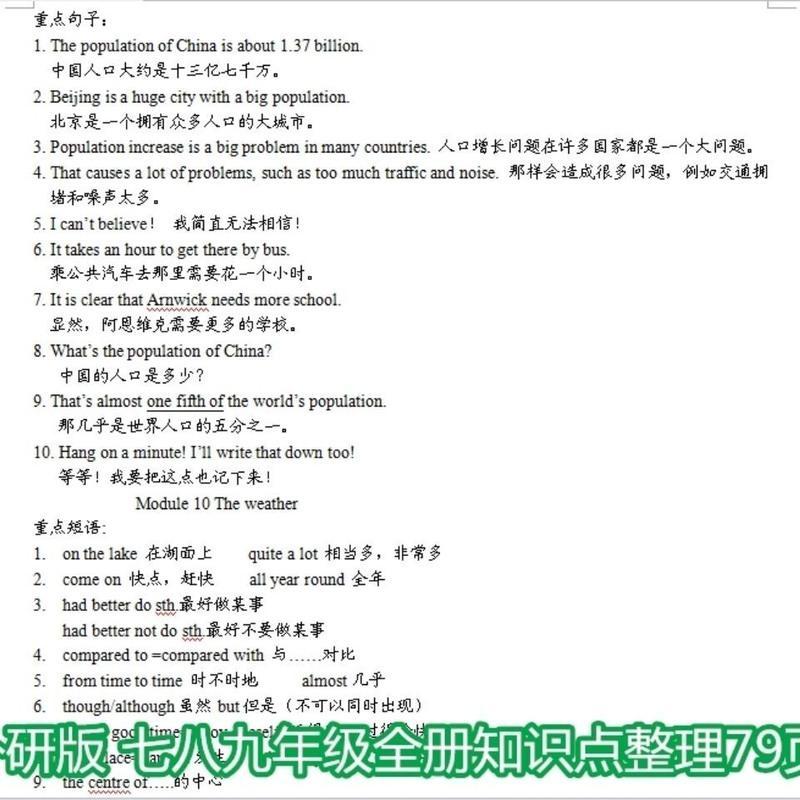 初中外研版英语知识点总结789七八九年级上下册知识点笔记本子 外研版全册知识点整理79页 拉杆夹装订