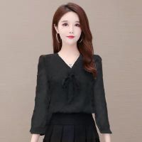 2021春季新款小衫雪纺衬衫女气质修身碎花休闲衬衣V领上衣潮时髦 黑色#6002 M 建议[90-105]