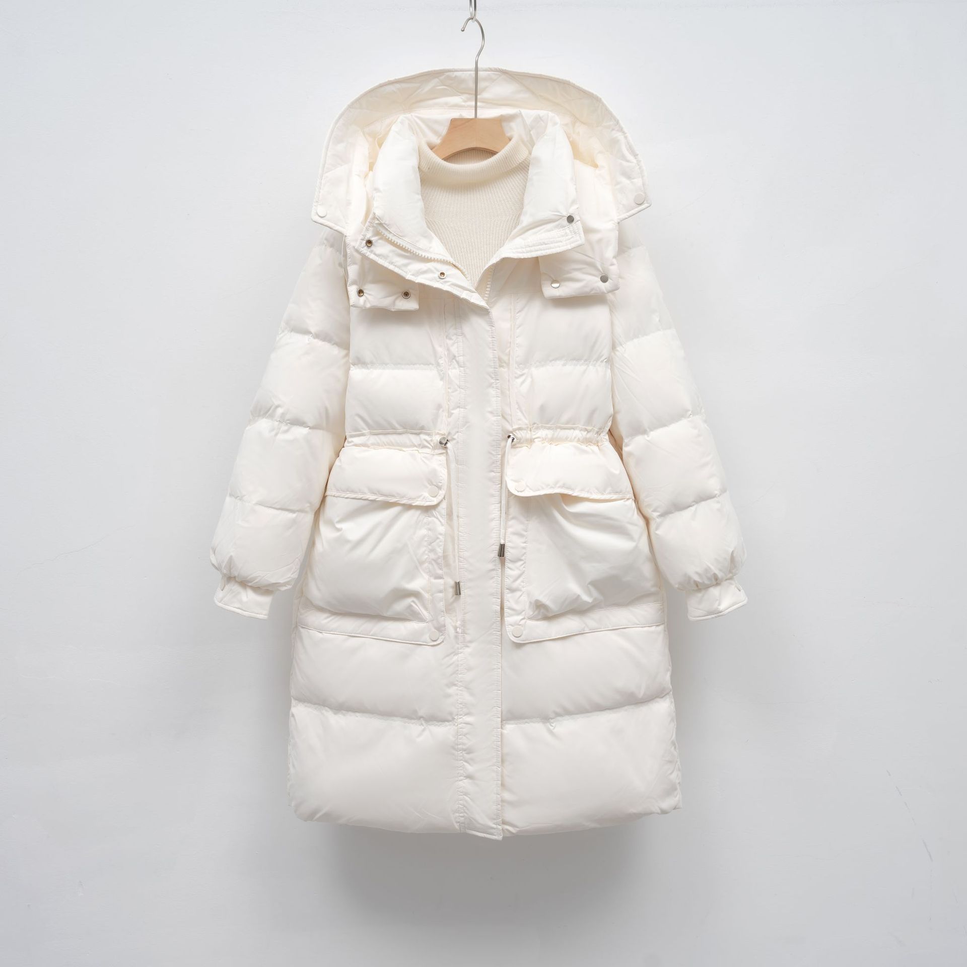 冬季中长款韩版宽松白鸭绒时尚外套收腰保暖连帽羽绒服女 白色 L