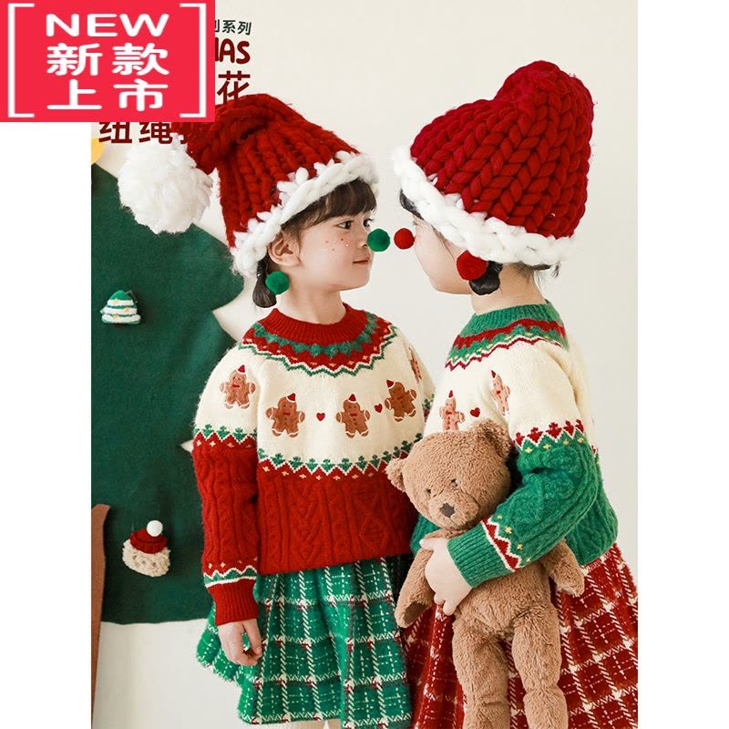 可莉允女童冬季复古圣诞毛衣2022新款加厚宝宝卡通小熊保暖针织线衣图片