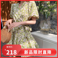 拉夏贝尔2021年夏季新款气质复古修身显瘦泡泡袖一片式系带连衣裙