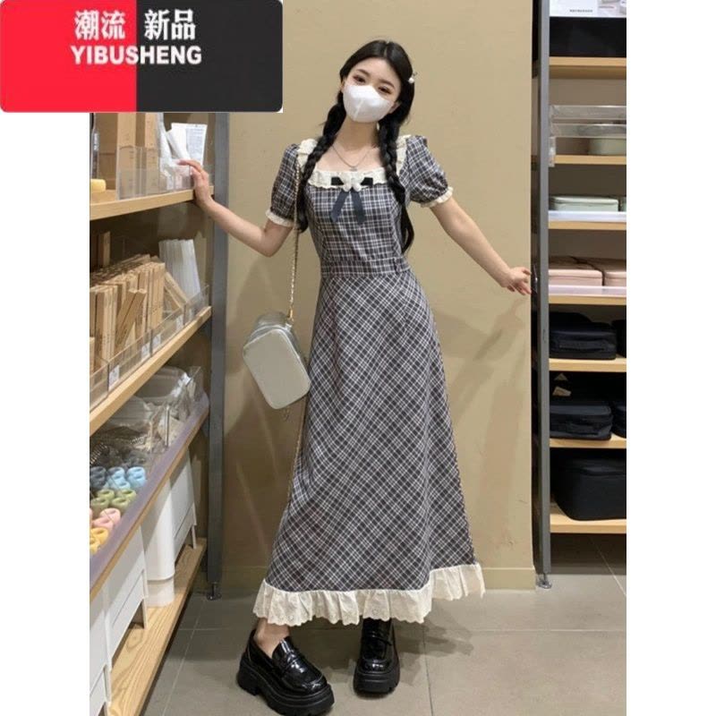 YIBUSHENG学院风格纹泡泡袖连衣裙子女季2024新款高级感气质收腰显瘦长裙图片