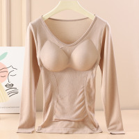 秋冬保暖内衣女带胸垫上衣无缝V领秋衣可外穿羊毛蚕丝打底保暖衣 均码【80-130斤】 肤色