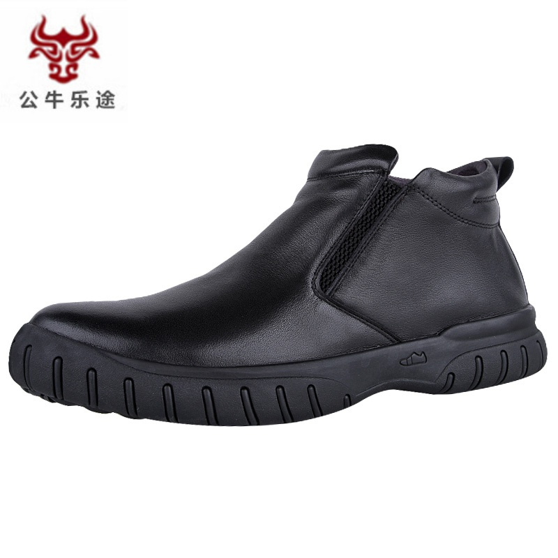 公牛乐途2020高帮皮鞋男冬季男鞋保暖加绒棉鞋真皮休闲中老年人软底爸爸鞋中筒