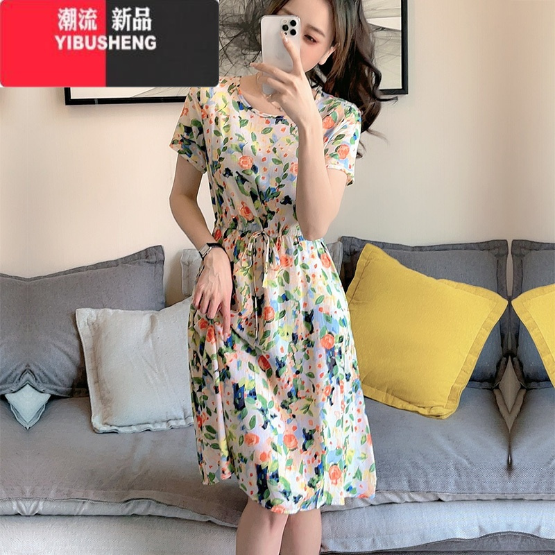 YIBUSHENG碎花棉绸连衣裙短袖新款清凉绵绸系带收腰藏肚口袋人造棉中长裙