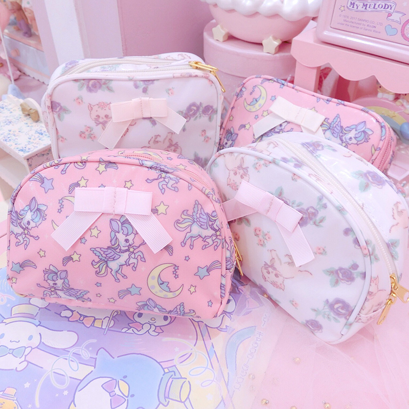 美帮汇梦幻独角兽小猫化妆包半圆方形大容量随身宝宝少女心软萌蝴蝶结包