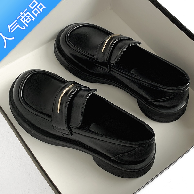 SUNTEK小皮鞋女春秋2023复古英伦风黑色厚底乐福鞋百搭圆头皮鞋 黑色 38