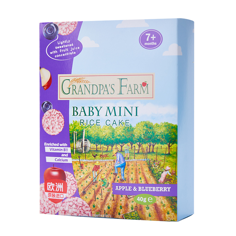 爷爷的农场 欧洲进口宝宝水果磨牙饼干婴幼儿零食小吃磨牙棒 苹果蓝莓味米饼 40g/盒