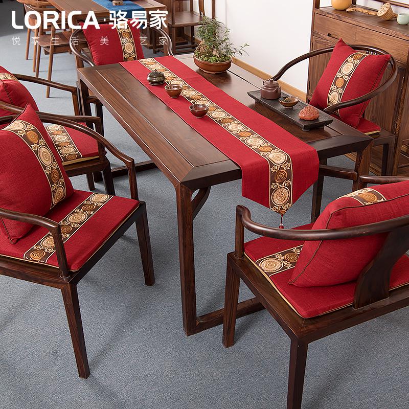 新中式禅意桌旗美式茶几餐桌布艺长条电视柜盖巾现代简约北欧床 阖家圆-红色 33*210cm(适用桌长1.6米-1.7米)高清大图