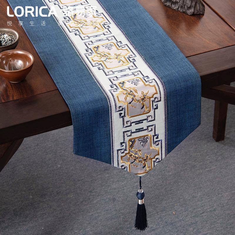 新中式桌旗禅意刺绣茶几餐桌布长条装饰布现代简约电视柜盖巾 南山秀色-蓝色 33*120cm(适用桌长0.7米-0.8米)