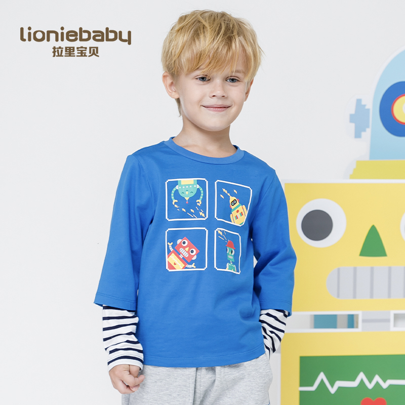 拉里宝贝Lioniebaby童装长袖T恤宝宝内搭袖口拼接长袖T恤纯棉卫衣2020春装新款男童L01WS018