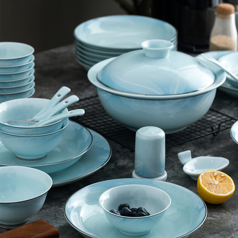 景德镇陶瓷餐具套装白瓷青釉高温碗盘碟勺子礼盒包装现代风格送礼自用