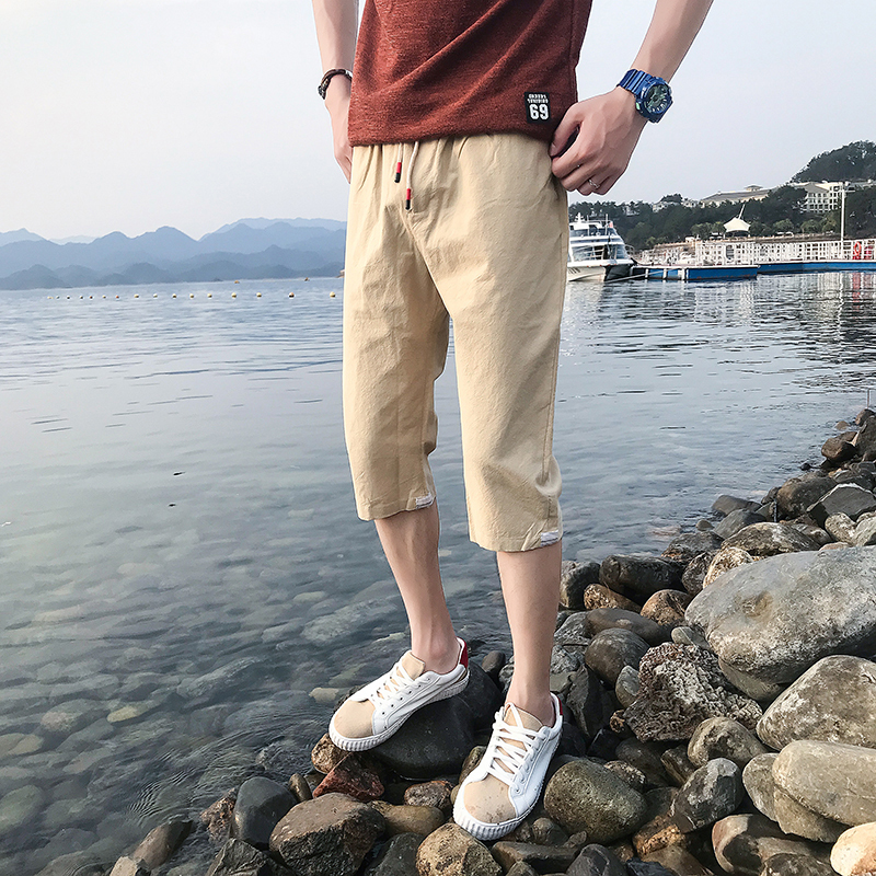 2018夏季年轻男士薄款韩版七分休闲裤棉麻裤哈伦裤青年舒适潮短裤