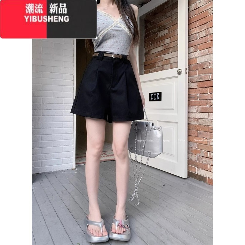 YIBUSHENG复古卡其色褶皱直筒裤女2024季高腰宽松休闲裤阔腿短裤