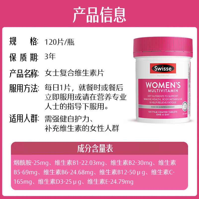 澳洲Swisse女士复合维生素片剂120粒/瓶装 澳洲原装进口 成年女性复合维生素矿物质营养补充高清大图