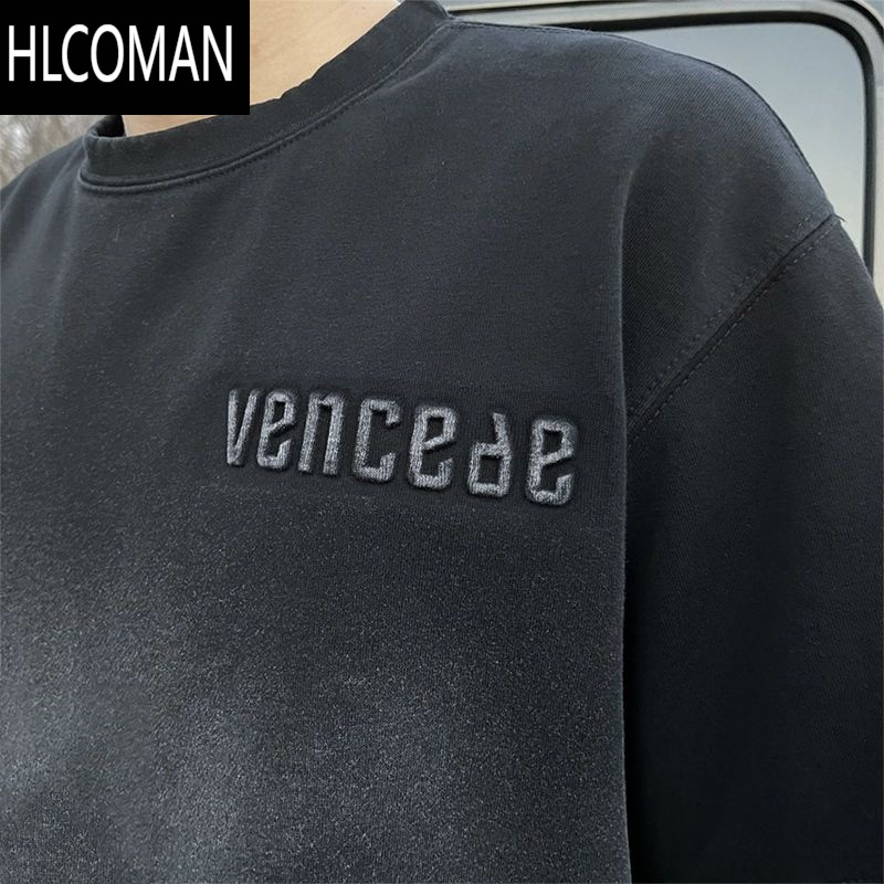 HLCOMAN网红同款小衫夏季渐变做旧短袖t恤男半截袖潮流百搭情侣短袖t