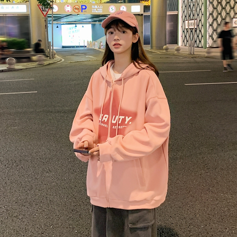 [2.5折价128元]唐狮冬季新款外套女连帽星星图案粉色卫衣外套复古美式潮qd
