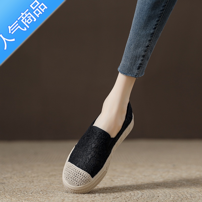 SUNTEK渔夫鞋女蕾丝网面一脚蹬乐福鞋2023夏季新款镂空透气软底休闲单鞋高清大图