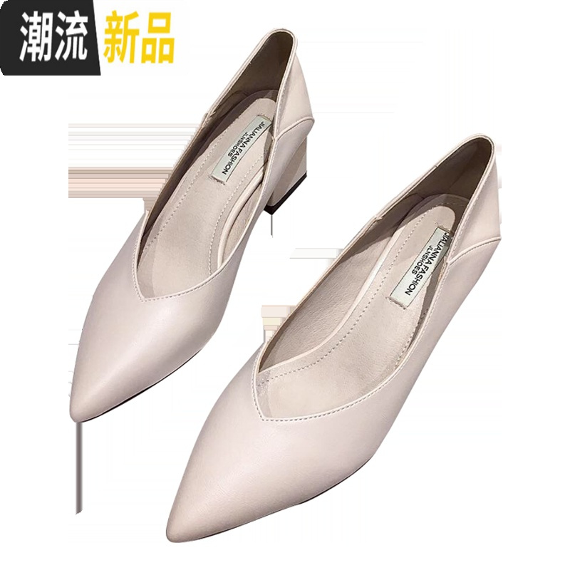 2020春季新款春款单鞋女黑色中跟粗跟高跟鞋豆豆鞋工作尖头奶奶鞋 广赫