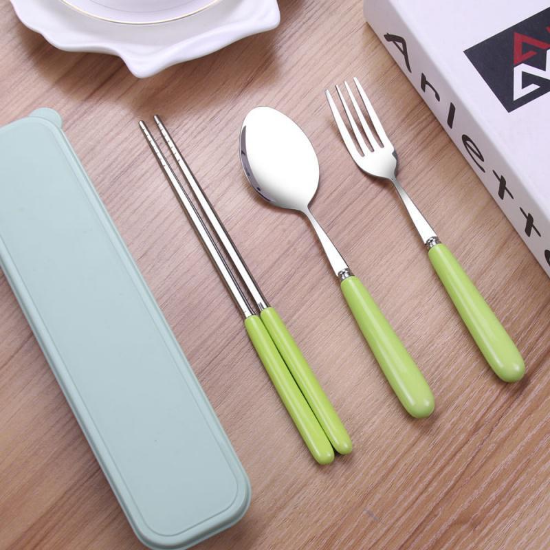 精致学生陶瓷不锈钢便携餐具三件套五色筷勺叉套装旅游户外可携带绿色