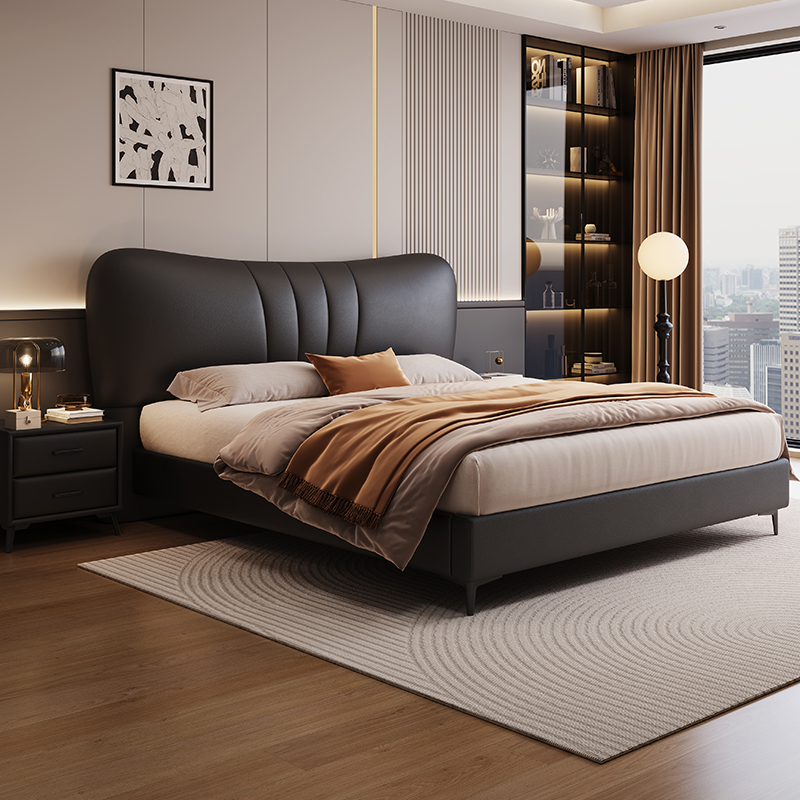 意式极简真皮床轻奢现代简约双人床主卧室实木储物床家用软包婚床高清大图