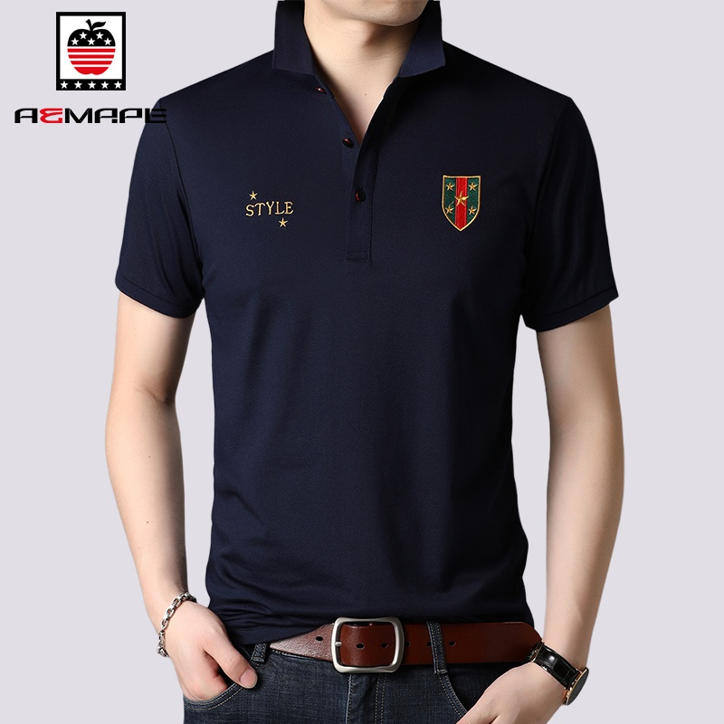 aemape美国苹果男士短袖t恤中年男装休闲带领半袖丝光棉丅桖上衣polo