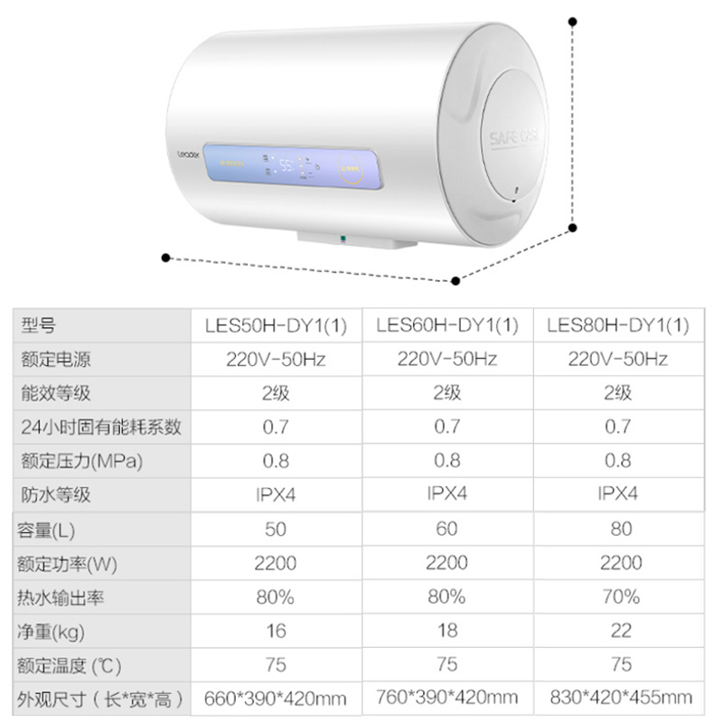 统帅(Leader)海尔出品电热水器60升家用2200W速热二级能效防电墙健康抑菌四季温水DY1