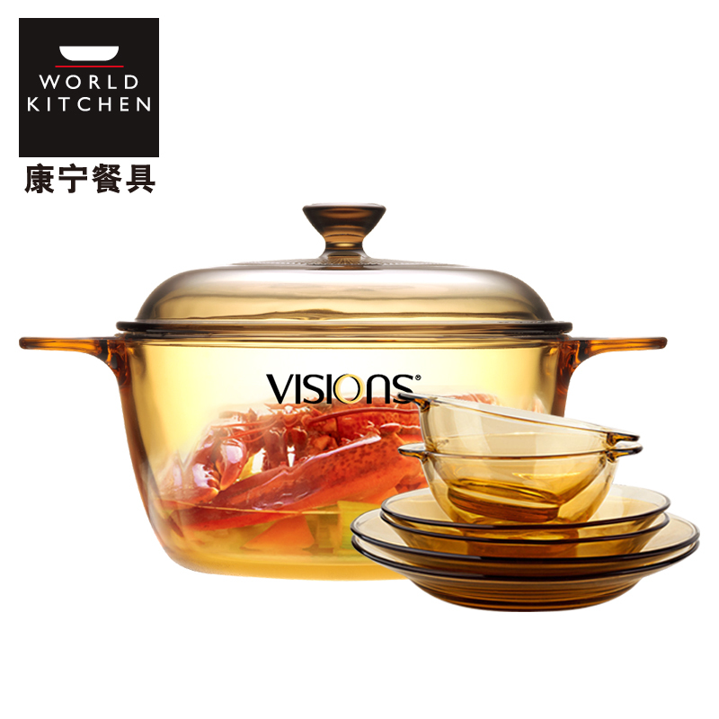 美国康宁(VISIONS)锅具套装VS15+OV6 晶彩透明锅1.5L+餐盘6件套 明火直烧耐高温 耐热琥珀色透明碗