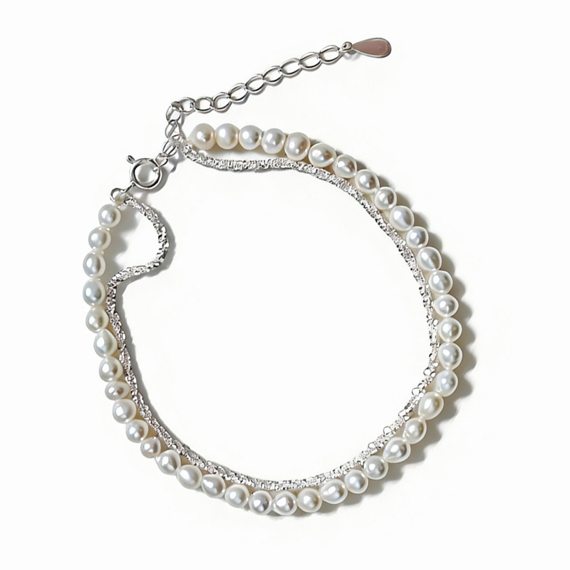 北京黄金 925 银天然淡水珍珠电银闪花双层手链 轻奢气质百搭银饰手饰高清大图