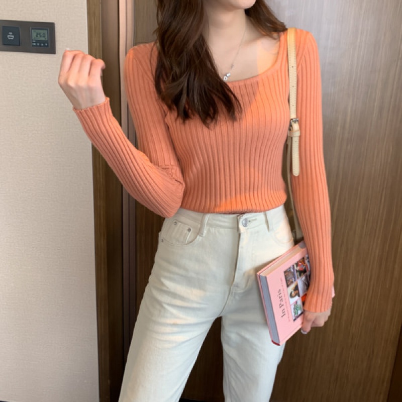 秋冬新款韩版修身方领上衣针织纯色长袖毛衣女学生打底衫潮