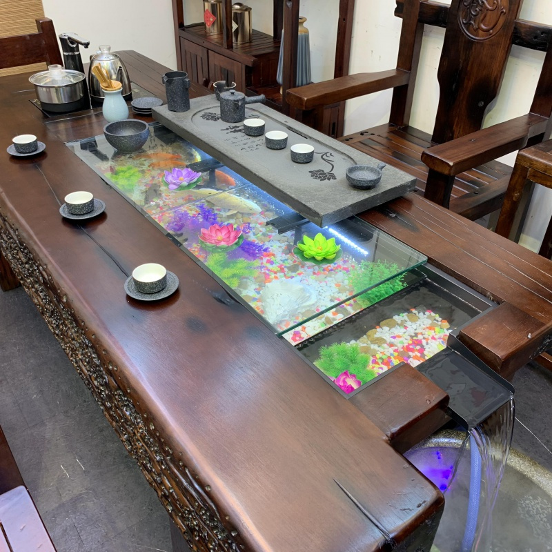 千紫老船木流水茶桌椅组合中式实木功夫茶几养鱼茶台1米8茶桌鱼缸一体