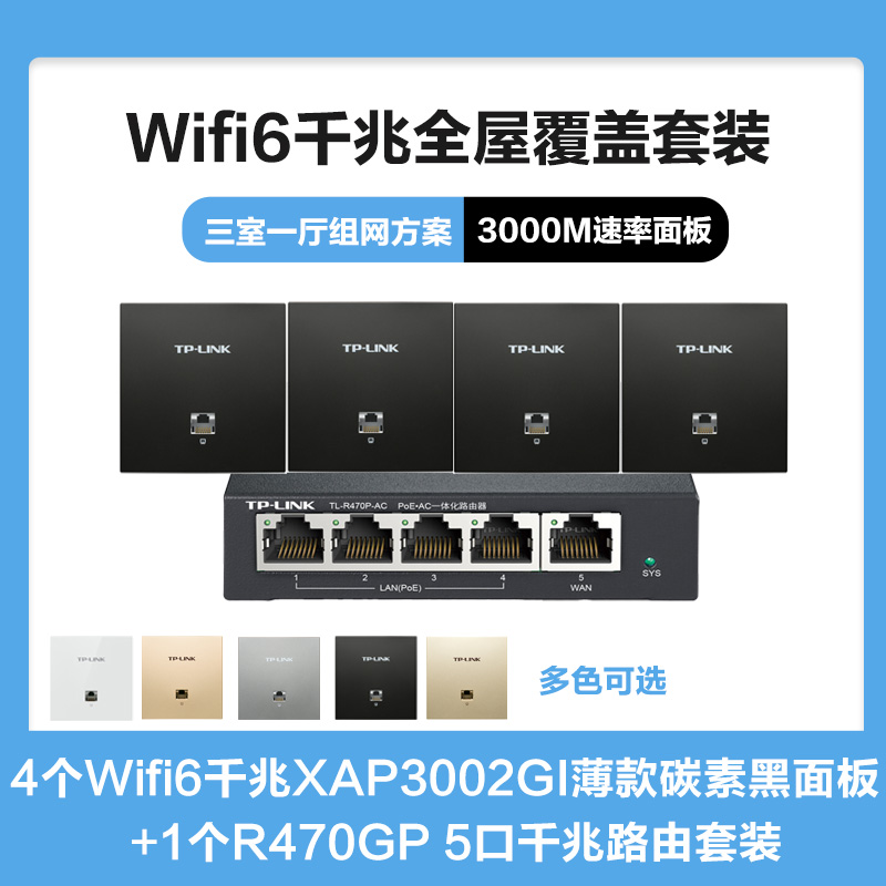 普联(TP-LINK)全屋覆盖WIFI6三室一厅3000M 5G双频无线面板AP套装4个wifi6面板XAP3002GI薄款(方)碳素黑+5口千兆一体化路由器智能家居大户型复式别墅