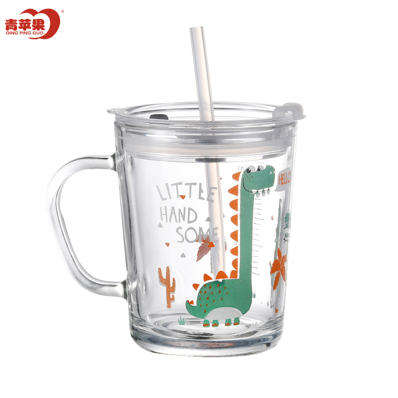 青苹果玻璃杯带吸管刻度杯早餐杯量杯杯果汁水杯子儿童奶杯可微波炉牛奶杯