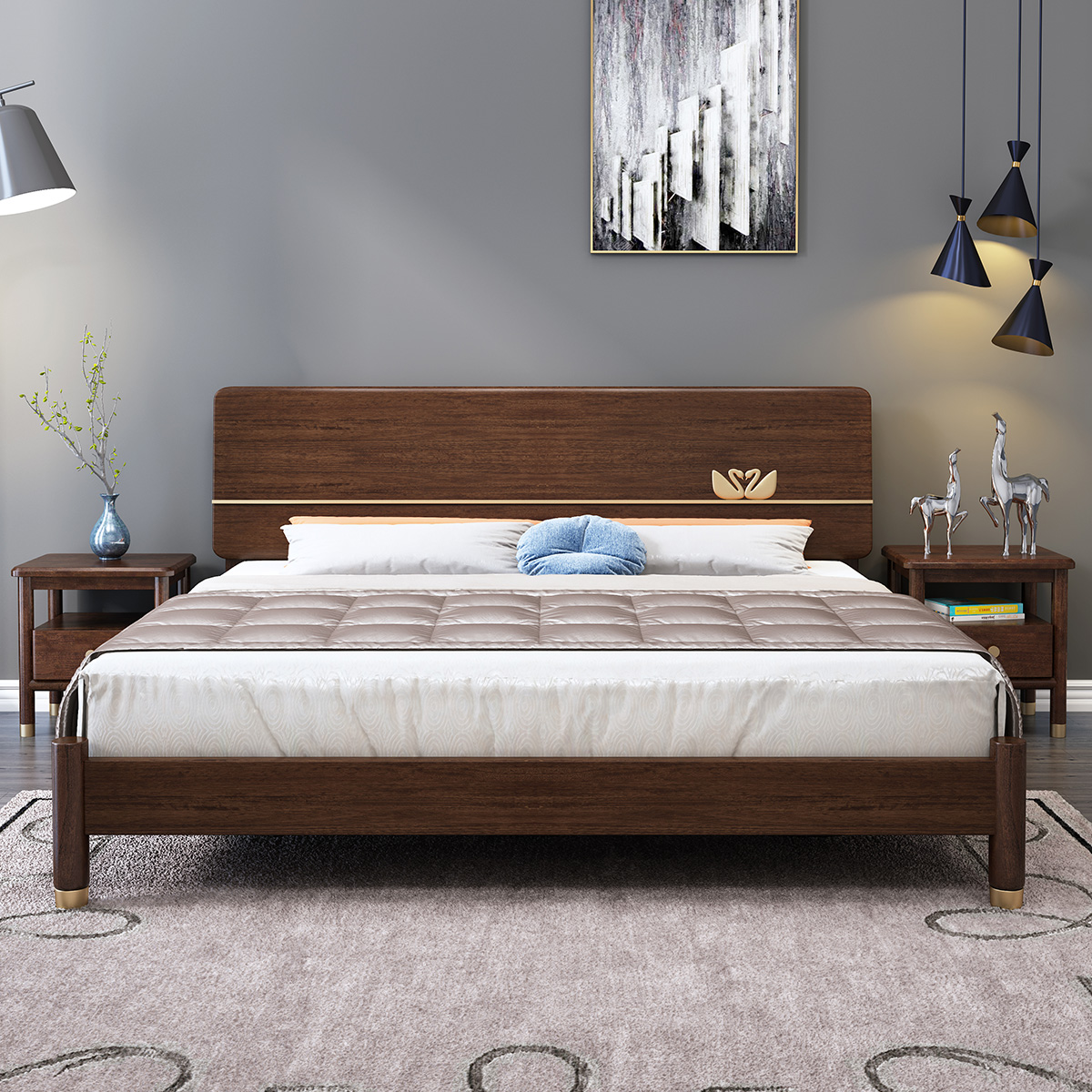 轻奢北欧全实木床婚床金丝胡桃木双人床主卧床现代简约时尚实木床