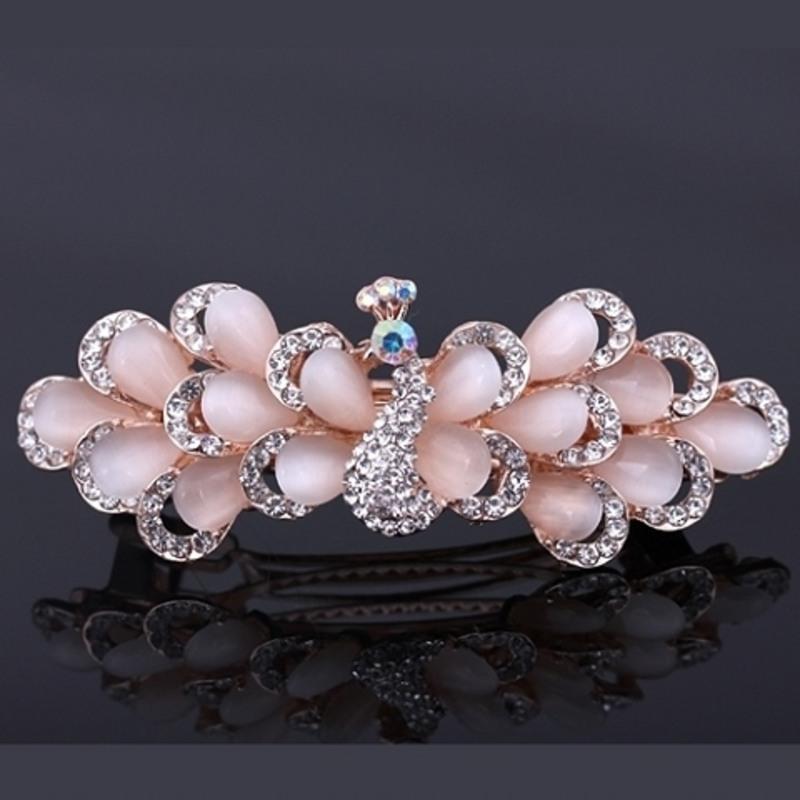 孔雀发饰女士发夹成人水钻横夹马尾夹顶夹大号弹簧夹孔雀猫眼石发夹