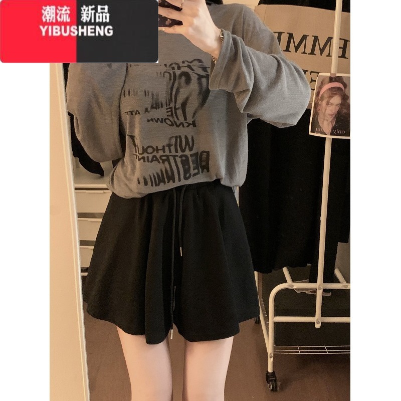 YIBUSHENG大码胖mm灰色运动裤休闲裤女季新款宽松慵懒风松紧腰短裤阔腿裤 黑色 3XL建议160-180斤