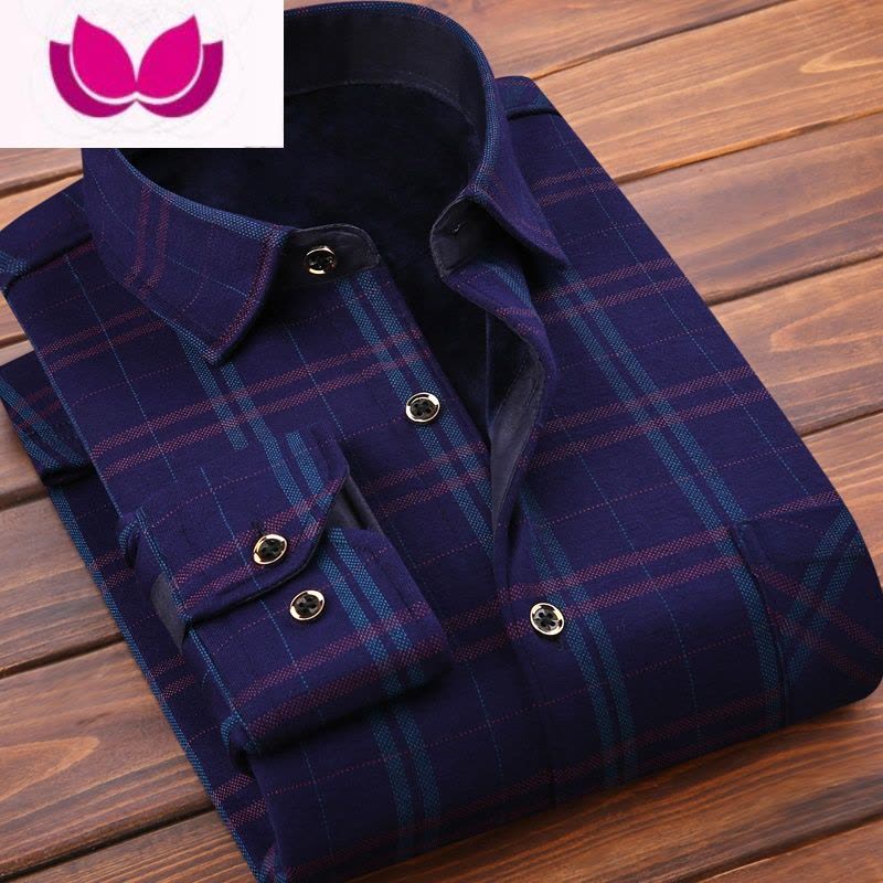 七斓男士保暖衬衫加绒加厚款长袖修身潮格子男装父亲老人花衬衣图片