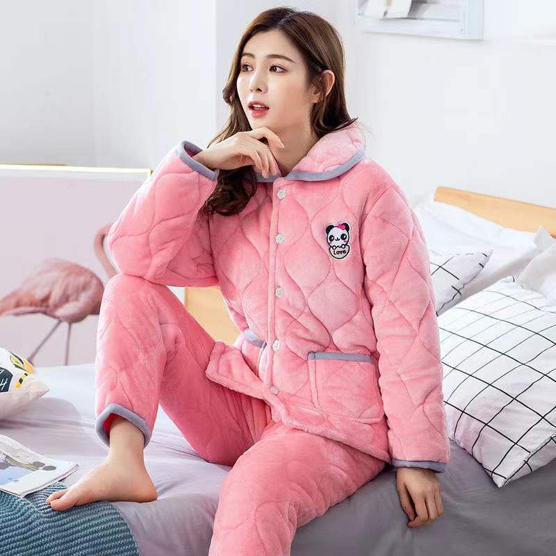 睡衣女冬季加厚珊瑚绒可爱卡通棉袄三层夹棉保暖法兰绒家居服套装