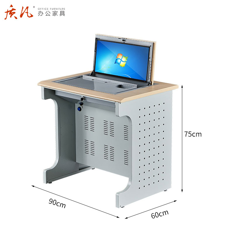 质凡翻转电脑桌半嵌入式隐藏培训课桌zf-dnz002/90*60*75cm/张高清大图