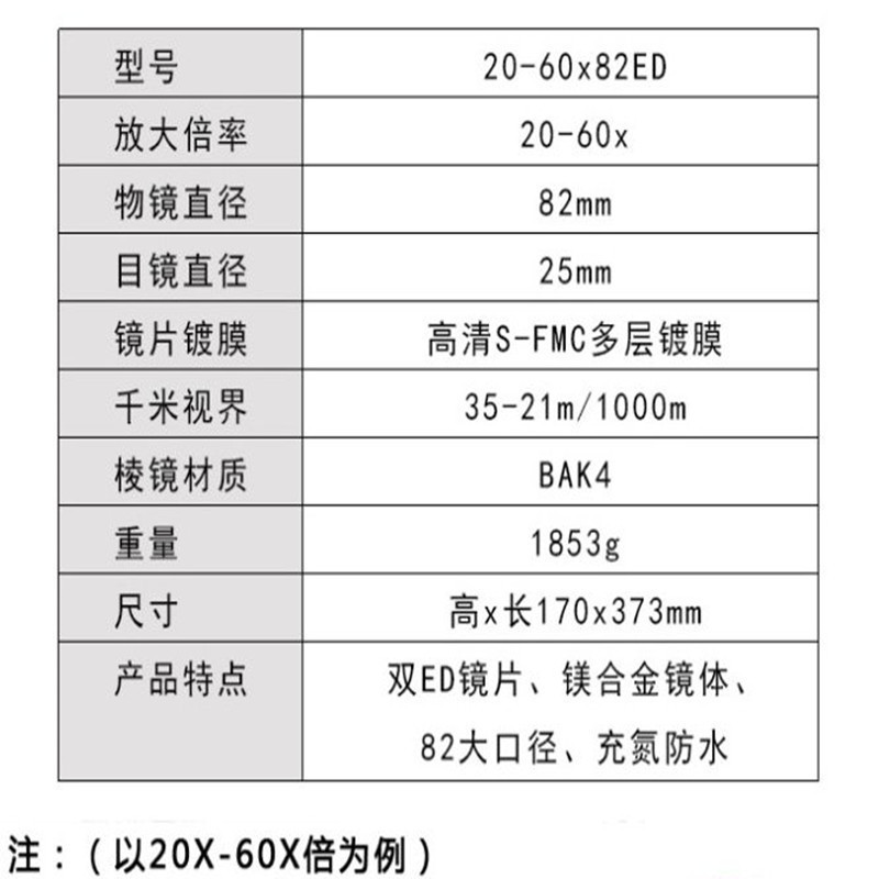 Onick 20-60x82ED 望远镜 大口径高倍高清单筒望 远 镜 (Z)