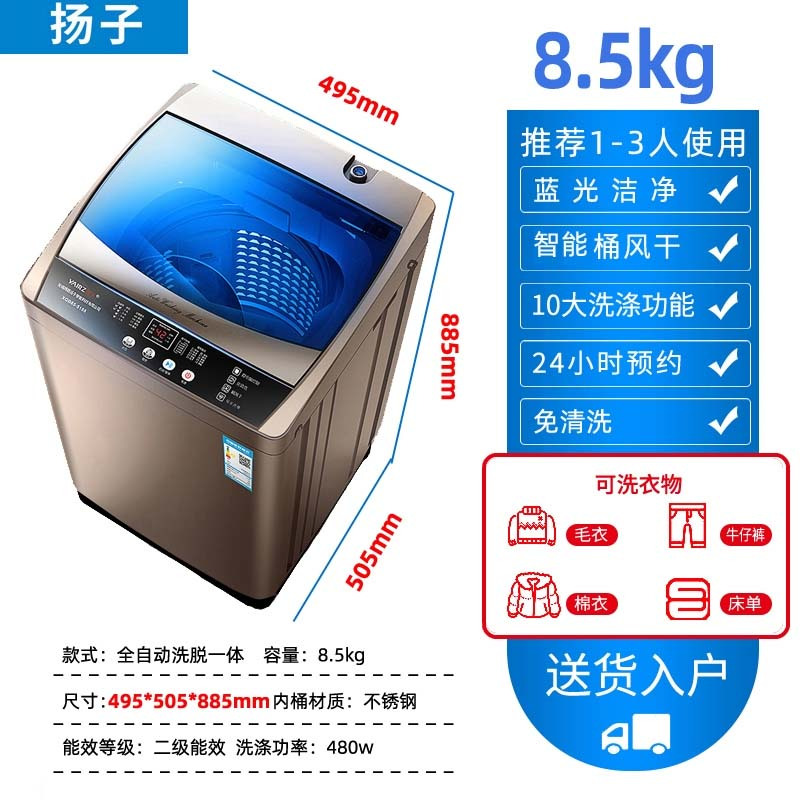 扬子洗衣机全自动小型家用宿舍学生小洗脱一体出租房用扬子XQB85-5155_8.5kg智能风干免清洗蓝光