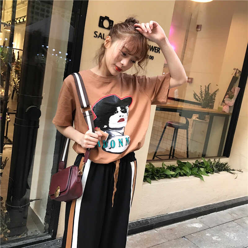 韩版运动休闲套装春夏女装短袖T恤学生打底上衣+开叉阔腿裤两件套卡其T+裤子均码